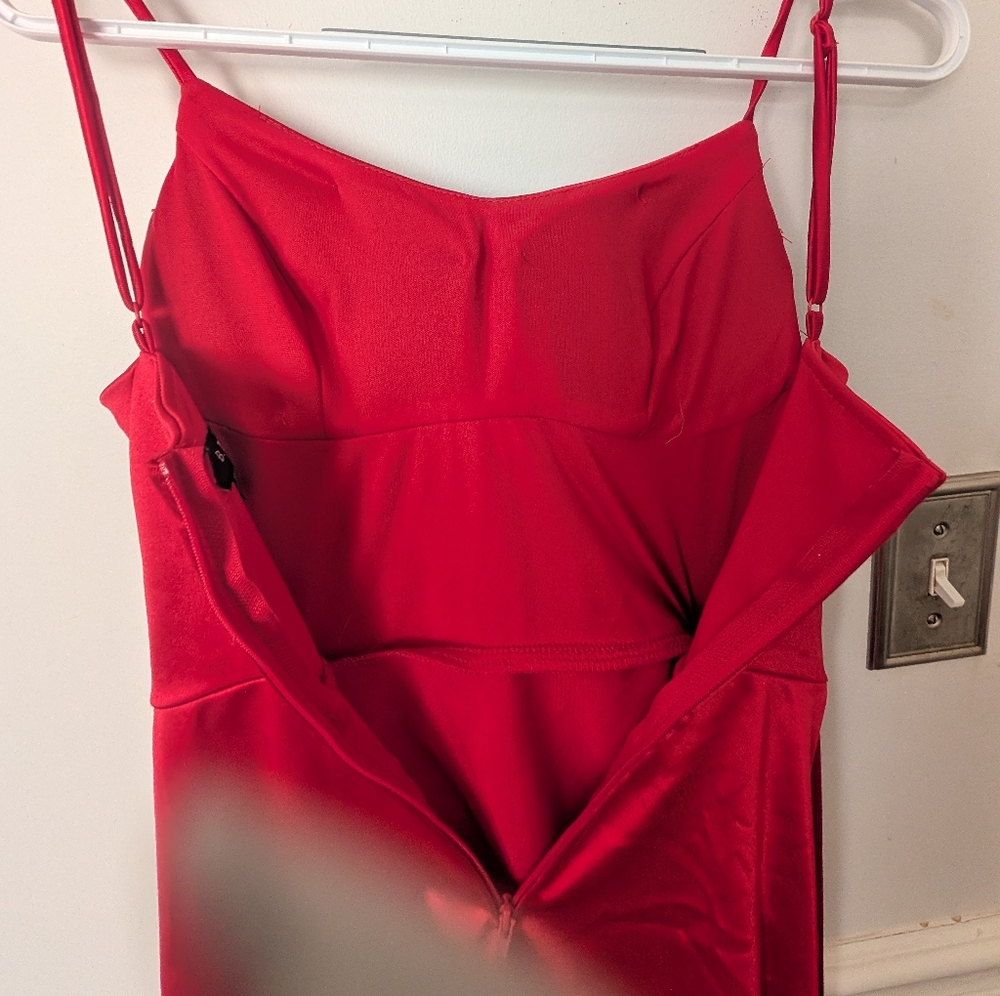 B Darlin Vibrant Red Asymmetrical Spaghetti Strap Dress
